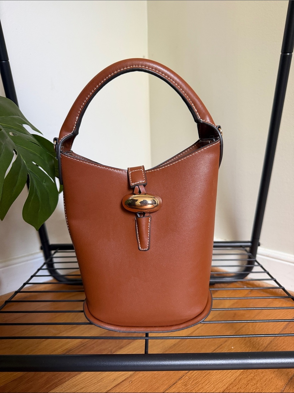 H&M Leather Bucket Handbag With Gold Accent Hardware